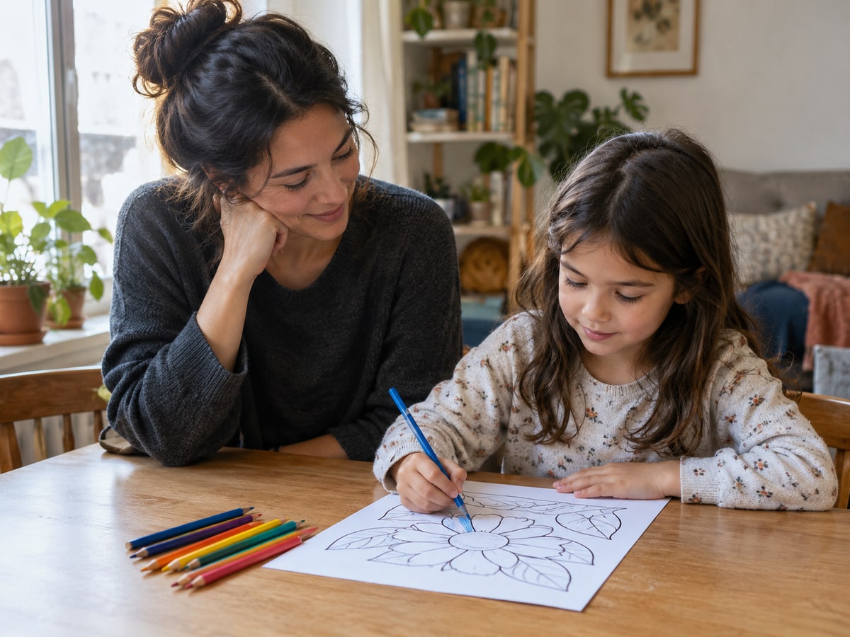 Уютная домашняя сцена: родитель и ребёнок 6–7 лет сидят за столом перед одним листом раскраски с крупным главным героем. Ребёнок выбирает карандаш и начинает ра